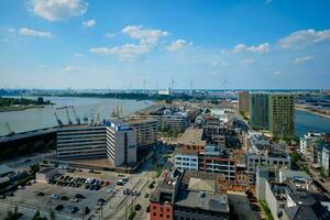 Aerial view of Antwerp city with port crane in cargo terminal. Antwerpen, Belgium photo