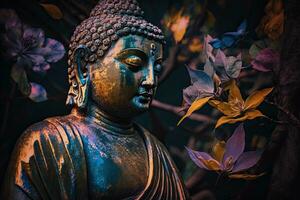 Generative AI, abstract lifelike buddha statue, flowers, magic lighting, beautiful metallic and stone colors, natural lighting, natural environment photo