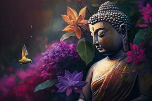 Generative AI, abstract lifelike buddha statue, flowers, magic lighting, beautiful metallic and stone colors, natural lighting, natural environment photo