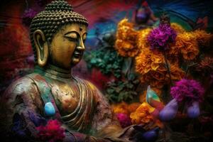 Generative AI, abstract lifelike buddha statue, flowers, magic lighting, beautiful metallic and stone colors, natural lighting, natural environment photo