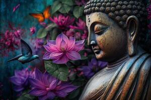 Generative AI, abstract lifelike buddha statue, flowers, magic lighting, beautiful metallic and stone colors, natural lighting, natural environment photo