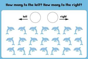 How many dolphins to the left and right. Learning sheet for children to learn left and right. Game for the score. Children's counting game. Vector illustration