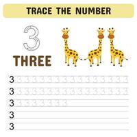 Trace the number . Tracing number 3 worksheet for kindergarten, preschool  for learning numbers and handwriting practice activities. Educational children game, printable worksheet. Vector illustration