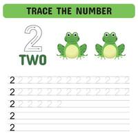 Trace the number. Tracing number 2 worksheet for kindergarten, preschool  for learning numbers and handwriting practice activities. Educational children game, printable worksheet. Vector illustration