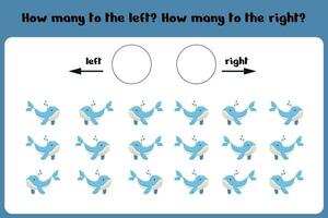 Logical game for children Left or Right. Training sheet. Count how many whales are turned left and how many are turned left. Vector illustration