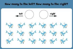 Logical game for children Left or Right. Training sheet. Count how many whales are turned left and how many are turned left. Vector illustration