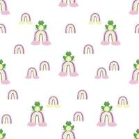Print for children's clothing. Seamless pattern with frogs and rainbows on a white background. Vector illustration