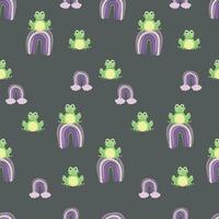 Print for children's clothing. Seamless pattern with frogs and rainbows on a white background. Vector illustration