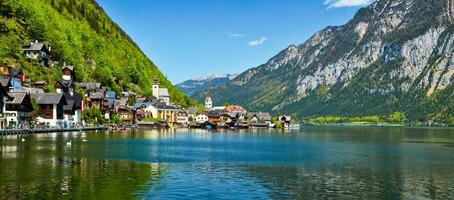 Panorama of Hallstatt village and Hallstatter See, Austria photo