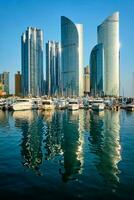 Busan marina with yachts on sunset, South Korea photo