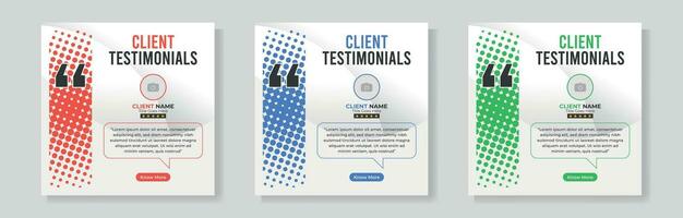 Set of client testimonials or review social media post design, client feedback template with square size modern and creative vector