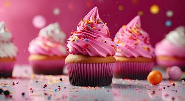 Generative AI, various colorful cupcakes with ice cream scattered over a colorful background, pink and gold, pink and magenta photo