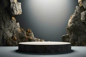 Generative AI, a rock or stone podium nature pedestal stage product display background, empty display showroom photo