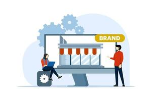 Brand marketing strategy concept, business start-up, teamwork, shop, market, online business, flat design illustration vector banner and background