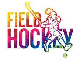 Field Hockey Font Design with Female Player Action Cartoon Graphic Vector