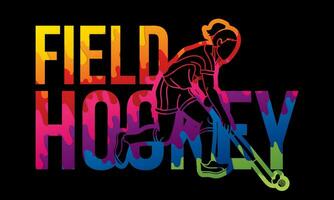 Field Hockey Font Design with Female Player Action Cartoon Graffiti vector