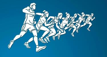 grupo de personas corriendo juntos corredor maratón mezcla masculino y hembra persona que practica jogging dibujos animados deporte gráfico vector