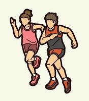 chico y niña corriendo juntos comienzo corriendo dibujos animados deporte gráfico vector
