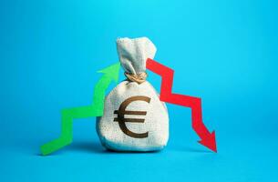 Euro money bag and profit and loss arrows. Tracking income and expenses. Financial balanced budget. Maintain fiscal stability. Self-sufficiency and competent management of business and government. photo