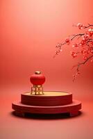 Generative AI, Red podium with lantern chinese new year and gift box product stand podium background pedestal 3d photo