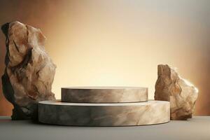 Generative AI, a rock or stone podium nature pedestal stage product display background, empty display showroom photo