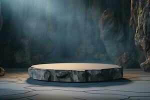 Generative AI, a rock or stone podium nature pedestal stage product display background, empty display showroom photo