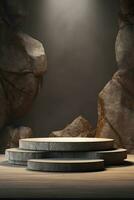 Generative AI, a rock or stone podium nature pedestal stage product display background, empty display showroom photo