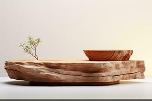 Generative AI, Rock podium with rounded wood for product presentation natural beauty pedestal, empty display showroom photo