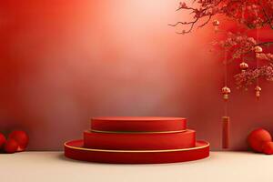 Generative AI, Red podium with lantern chinese new year and gift box product stand podium background pedestal 3d photo