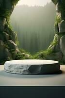 Generative AI, a rock or stone podium nature pedestal stage product display background, empty display showroom photo