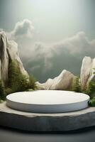 Generative AI, a rock or stone podium nature pedestal stage product display background, empty display showroom photo