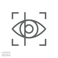 Eye scan icon. Simple outline style. Visual identity, focus, view, vision, future tech, eye with scanning frame, technology concept. Thin line symbol. Vector illustration isolated. Editable stroke.