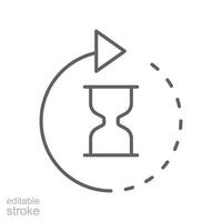 Anti aging hourglass icon. Simple outline style. Waiting slow time, anti old, clock, sandglass with round arrow, timer concept. Thin line symbol. Vector illustration isolated. Editable stroke.