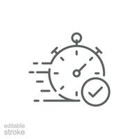 Quick approval icon. Simple outline style. Stopwatch, quick transfer, fast transaction, business concept. Thin line symbol. Vector illustration isolated on white background. Editable stroke.