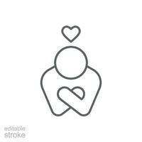 Your self care icon. Simple outline style. Love myself, hug, compassion, embrace my body, good and health life concept. Thin line symbol. Vector illustration isolated. Editable stroke.