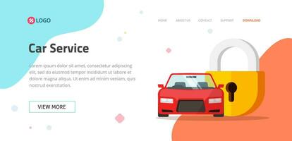 Car insurance or vehicle protection service website template design vector layout or mockup, flat cartoon web site landing page with automobile protected with lock shield security banner image