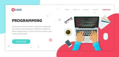 Programming or coding service agency website template design vector layout or mockup flat cartoon, laptop computer screen working desk table as web site landing page layout or banner modern image