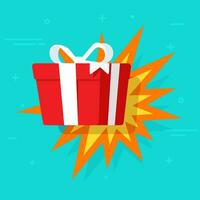 Gift surprise of happy wow present with boom effect vector illustration flat cartoon trendy design isolated image