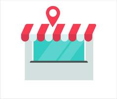 Store or shop building location vector illustration flat cartoon, cafe or restaurant front view with pin pointer isolated image