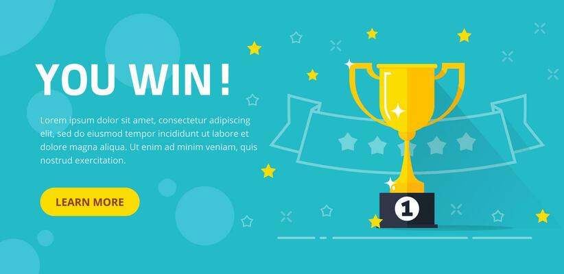 Winner success award web banner or competition achievement cup win background vector illustration flat cartoon, idea of first place prize flyer, contest champion trophy website backdrop template