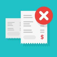 Payment transaction bill declined or money transfer alert or caution error sign vector illustration flat cartoon, receipt with unsuccessful pay check, rejected purchase, bad fraud finance failure