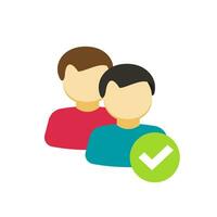 Two persons people with checkmark sign as community group or verified team member identity vector icon, flat cartoon couple check mark symbol, idea of partnership or public selected pictogram image