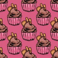 a pattern with chocolate cupcakes on a pink background vector