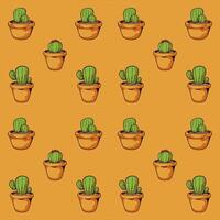 a pattern with cactus plants in pots on an orange background vector