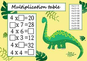 multiplication table by 4 with a task to consolidate the knowledge of multiplication. Colorful cartoon multiplication table vector for teaching math. Dinosaurs EPS10