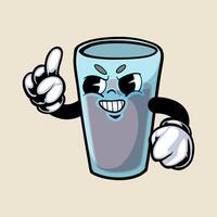 a cartoon glass with an angry face and a thumbs up vector