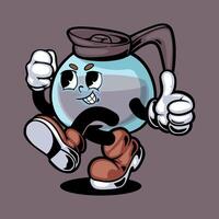 a cartoon coffee pot character running and giving a thumbs up vector