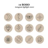 Collection of highlights covers. Different boho outline elements. Round icons. Moon, flowers, diamond, stars, butterfly, snake. Esoteric theme. Hand drawn vector design