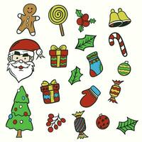 Set Collection Hand Draw Christmas elements clipart with tree, snowman, gnome, gift, Santa, reindeer and floral on white background. vector