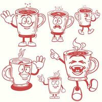 café taza mascota ilustración retro facial expresiones colección conjunto vector